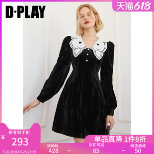 DPLAY德帕拉秋装 款 黑色宫廷风机绣娃娃领重工收腰丝绒连衣裙