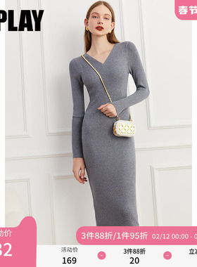 DPLAY【惠品】秋装季新品通勤ol时尚灰色V领修身螺纹针织连衣裙