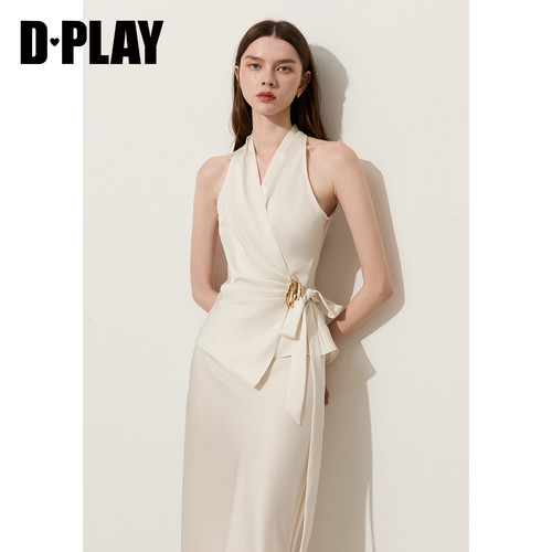 DPLAY2026夏季新款气质优雅米白V领收腰显瘦短款绑带小衫上衣女