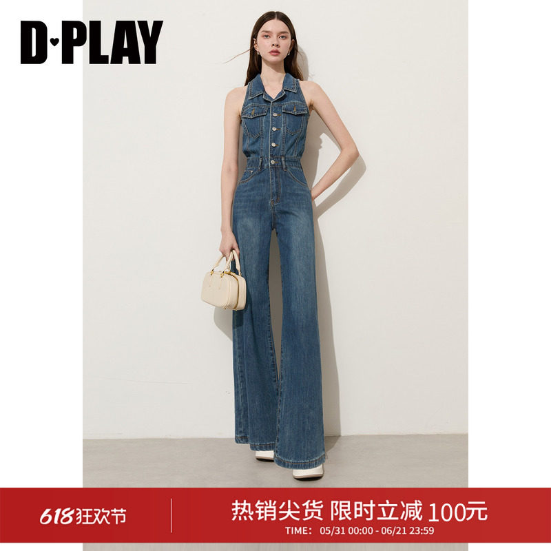 DPLAY牛仔蓝直筒裤翻领水洗牛仔连体裤显瘦2026夏季新款女连体裤