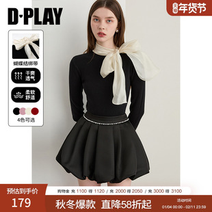 DPLAY2026春季新款黑色针织衫女好看气质网纱蝴蝶结拼接长袖上衣