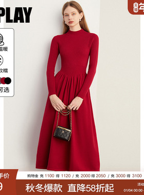 DPLAY【惠品】红色针织连衣裙女冬季新款气质长裙长款裙子长袖