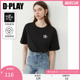 打底衫 DPLAY2025年夏季 流行宽松上衣短袖 新款 黑色T恤女圆领时尚