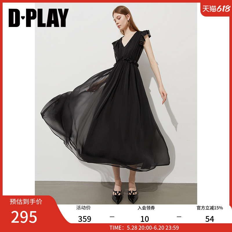DPLAY2025年夏季新款黑色连衣裙女好看气质雪纺裙子长裙小黑裙
