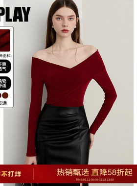 DPLAY2025年秋季新款红色t恤女复古一字领露肩弹力修身长袖上衣