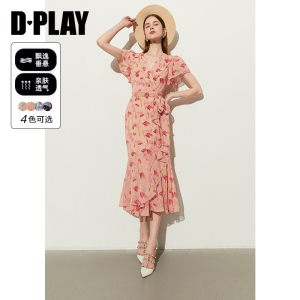 DPLAY夏季茶歇法式粉色连衣裙女度假沙滩裙印花茶歇裙长裙