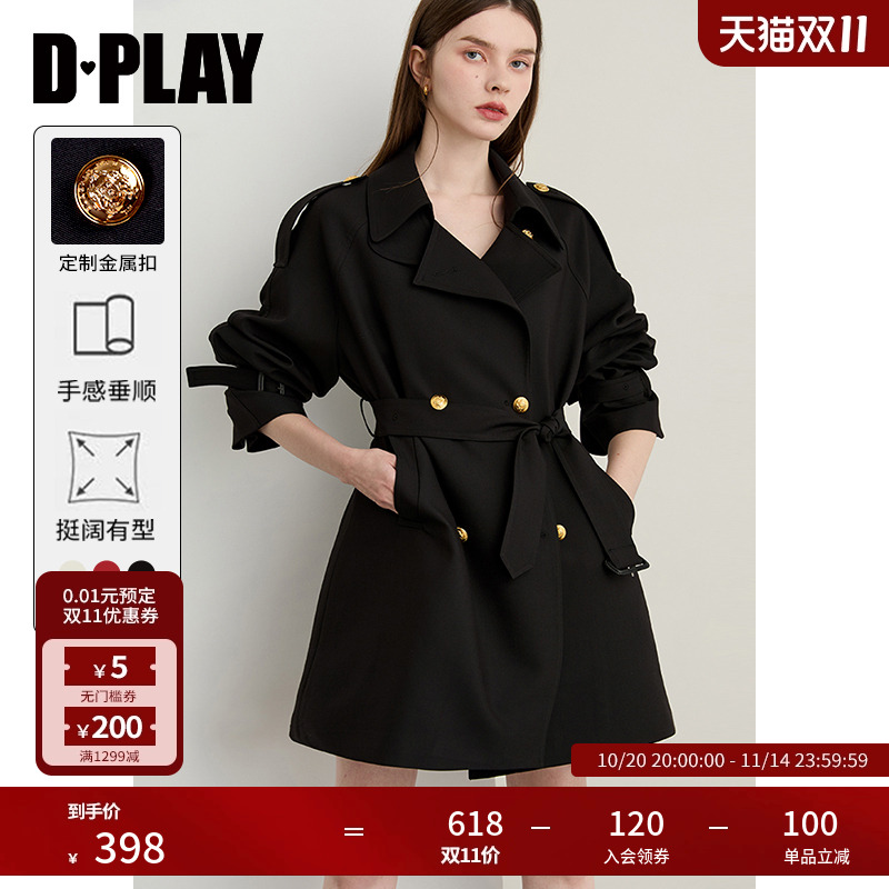DPLAY2025年秋季新款黑色风衣外套女流行大气休闲宽松中长款大衣