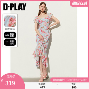 DPLAY2025夏季 鱼尾裙长裙沙滩裙 法式 方领蓝色连衣裙女印花短袖