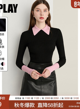 DPLAY【云朵针织】翻领毛衣黑色针织衫含羊毛打底衫撞色假两件