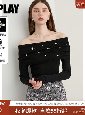 DPLAY【轻奢闪钻系列】2025秋季新款黑色针织衫女露肩含羊毛上衣