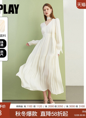 DPLAY2025秋季气质法式白色连衣裙女独特飘带沙滩裙子长袖长裙