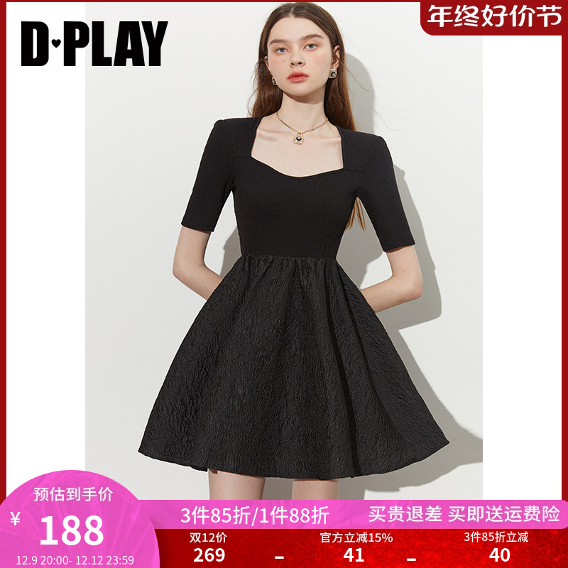 DPLAY2023秋秋新经典黑美背宫廷领提花拼接蓬蓬裙连衣裙小黑裙