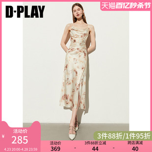 DPLAY夏荡领印花腰部单侧抽褶碎花裙度假长裙吊带连衣裙