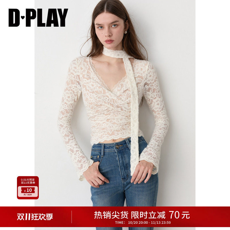 DPLAY米白系带蕾丝小衫上衣显瘦法式温柔打底衫T恤2026冬季新款