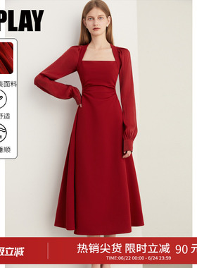 DPLAY红色连衣裙收腰结婚长款长袖裙子订婚礼服红裙长裙敬酒服女