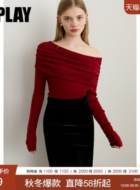 DPLAY2025年秋季新款红色针织衫女含羊毛一字肩露肩设计长袖上衣