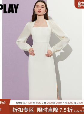 DPLAY法式白色连衣裙方领连衣裙鎏光纱小白裙领证连衣裙长裙
