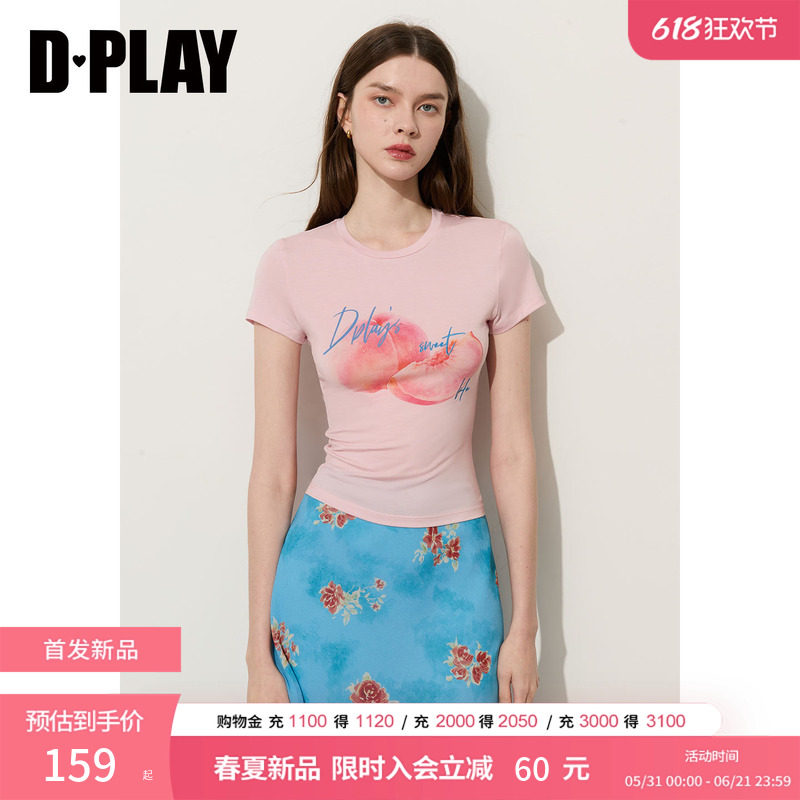 DPLAY【奶皮T】莱赛尔圆领水蜜桃印花短袖修身T恤2026夏季新款