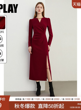 DPLAY2025秋季法式风红色圆领羊腿袖侧开衩收腰订婚服连衣裙红裙