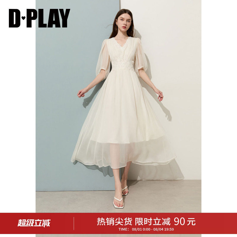 DPLAY白色雪纺连衣裙2026年夏季新款拼接蕾丝温柔长裙短袖裙子女