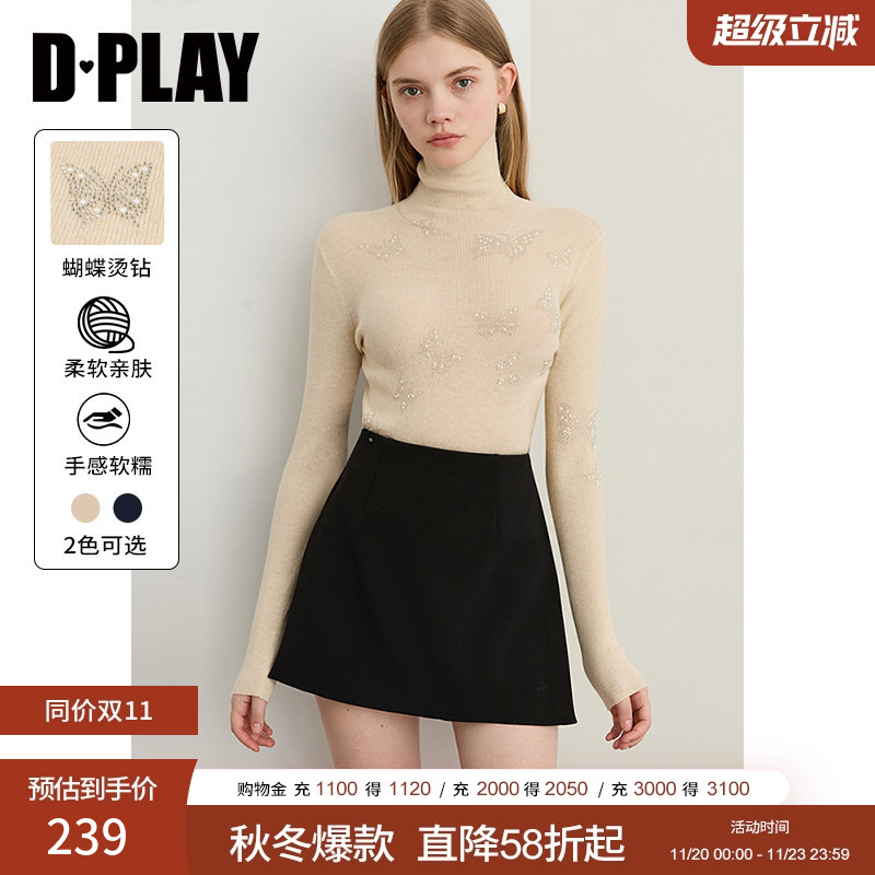 DPLAY高领蝴蝶结烫钻针织打底衫