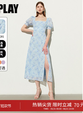 DPLAY夏季新款气质法式方领蓝色连衣裙女海边度假裙沙滩裙