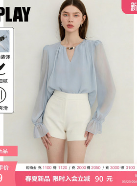 DPLAY2026年春季新款蓝色圆领雪纺衫金属链气质时尚流行宽松衬衫