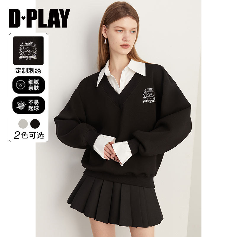 DPLAY2025秋季黑色学院风宽松上衣撞色女外套卫衣假两件外套