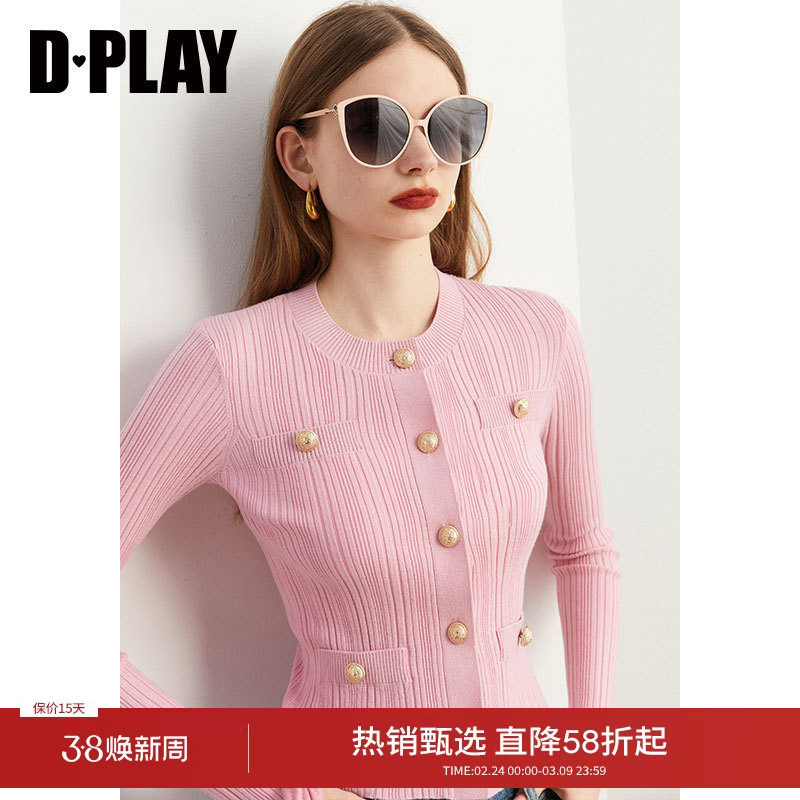 DPLAY2026年春季粉色毛衣女小香风针织衫修身外套内搭打底衫上衣