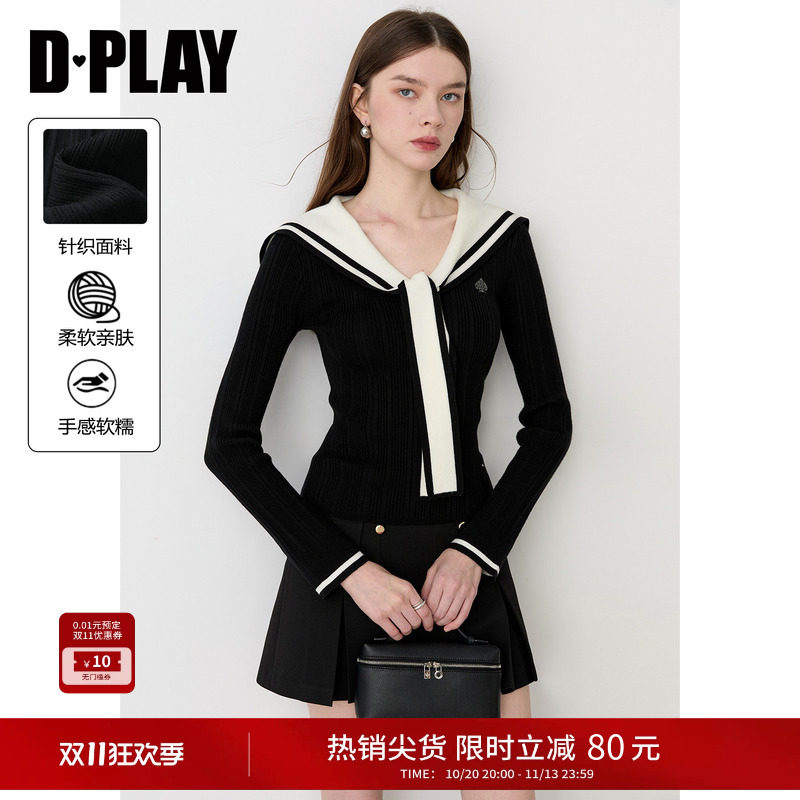 DPLAY黑色海军领针织衫女2026冬季新款学院风绑带修身长袖女上衣