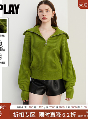 DPLAY2025秋季通勤绿色翻领落肩毛衣含羊毛宽松休闲长袖上衣女