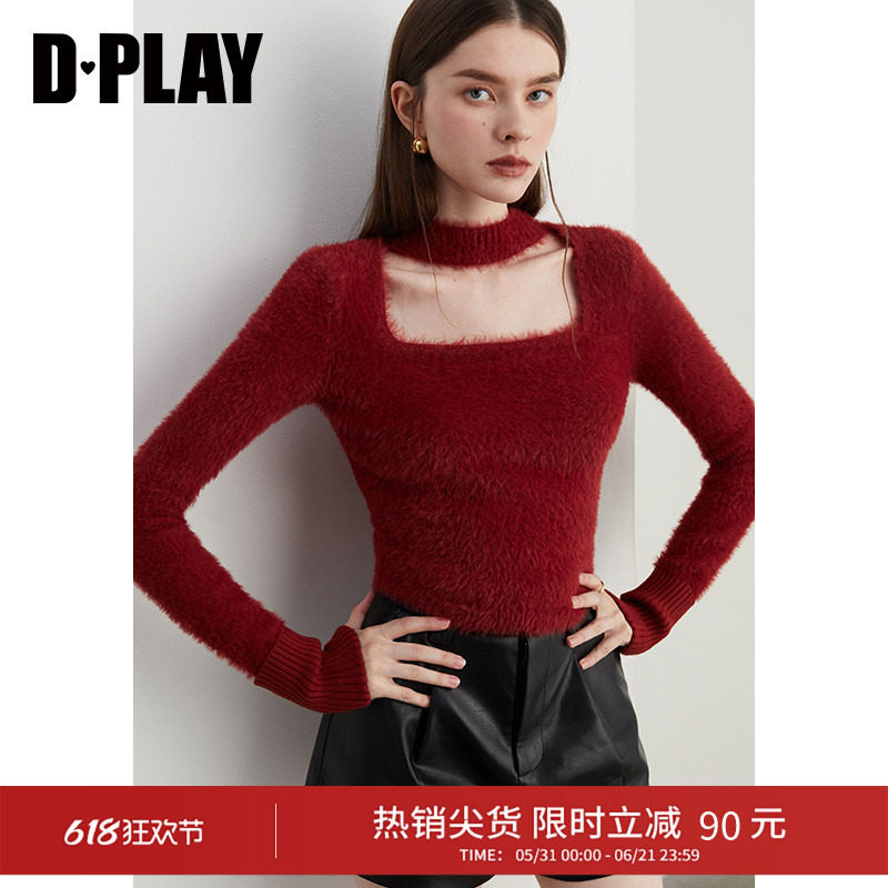 DPLAY秋季新款法式红色镂空毛衣针织衫气质修身显瘦长袖女