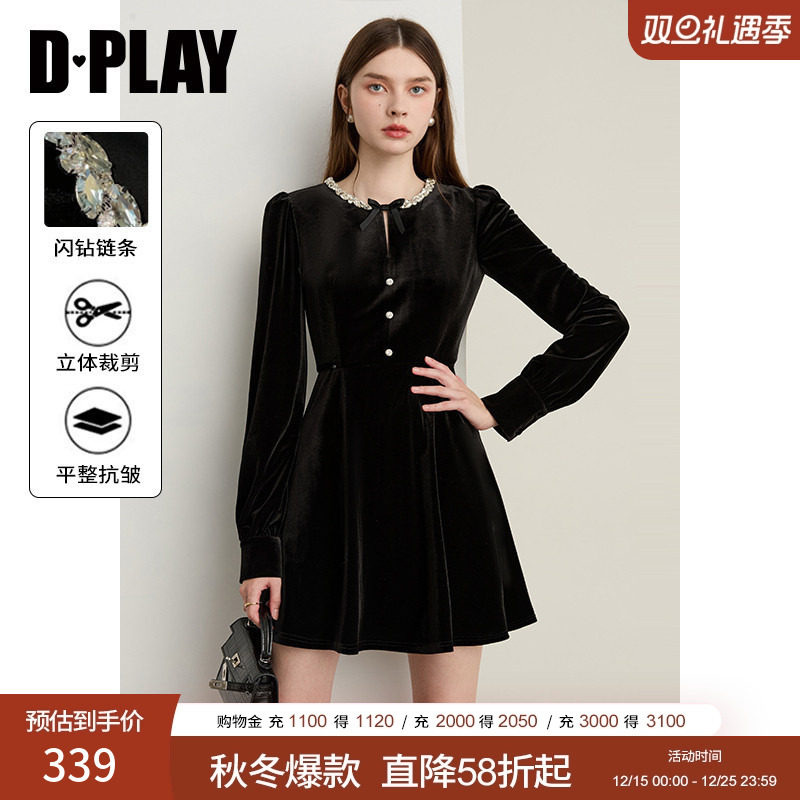 DPLAY【轻奢闪钻系列】2025年冬季新款黑色蝴蝶结镂空连衣裙女