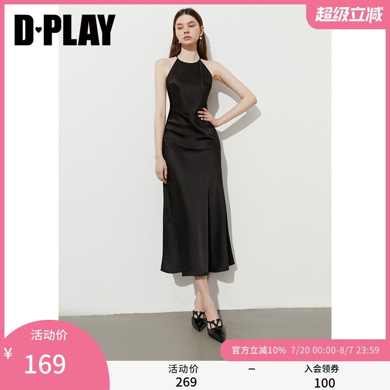 DPLAY黑色吊带裙缎面连衣裙