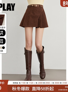 DPLAY【惠品】2025秋冬焦糖棕色半身裙女复古灯芯绒短裙A字裙半裙