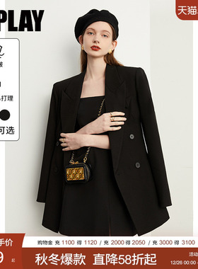 DPLAY2025秋季新款气质ins风黑色西装女宽松双排扣外套上衣