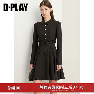 饰大摆连衣裙小黑裙 赫本风木耳边蝴蝶结装 DPLAY秋装 气质法式