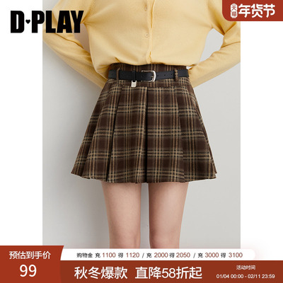 DPLAY【惠品】2025年秋季咖色半身裙女复古jk格纹百褶裙半裙