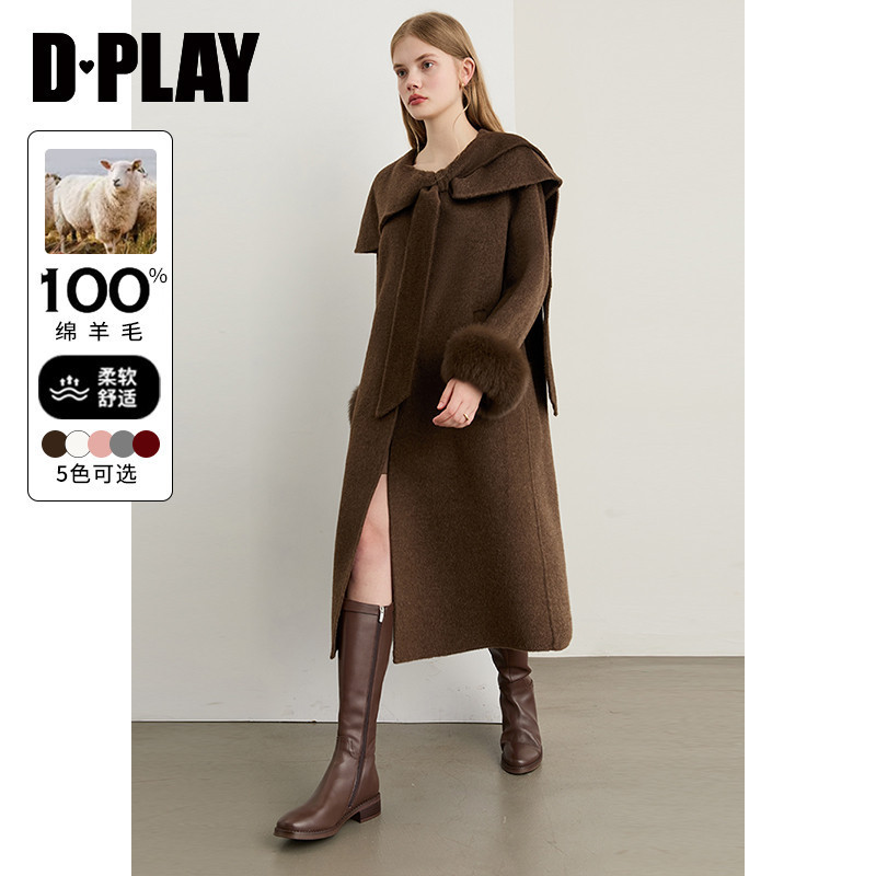 DPLAY2025冬季新款气质咖色100羊毛双面呢大衣长款毛呢外套女,女装/女士精品,毛呢外套,淘宝优惠券,粉丝福利购,淘宝优惠卷