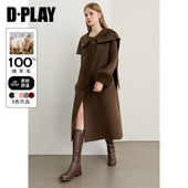气质咖色100羊毛双面呢大衣长款 DPLAY2025冬季 新款 毛呢外套女
