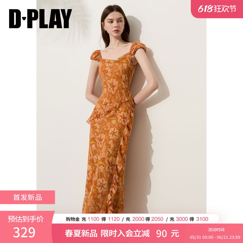 DPLAY【度假系列】橘色印花荡领小包袖荷叶边系带修身印花裙2026