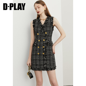 DPLAY秋装新款气质轻奢亮丝小香风粗花呢经典黑无袖连衣裙