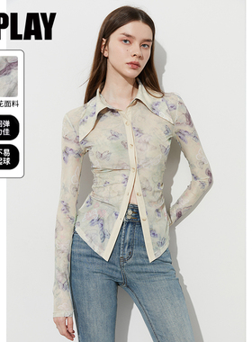 DPLAY2025年春季新款绿色衬衫女法式修身洋气收腰衬衣上衣长袖