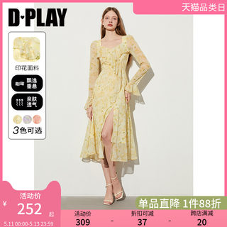 DPLAY2024夏季法式黄色连衣裙裙子荷叶边长袖连衣裙女度假长裙