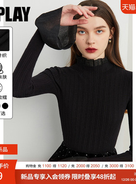 DPLAY2025年冬季气质通勤黑色针织衫木耳边修身长袖打底衫女