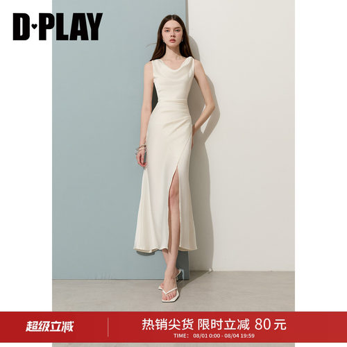 DPLAY缎面腰捏褶开衩显瘦连衣裙