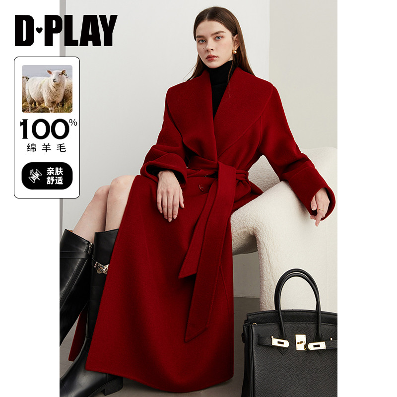 DPLAY【黑标】新年红色100羊毛大衣女长款气质毛呢外套2026年春,女装/女士精品,毛呢外套,淘宝优惠券,粉丝福利购,淘宝优惠卷