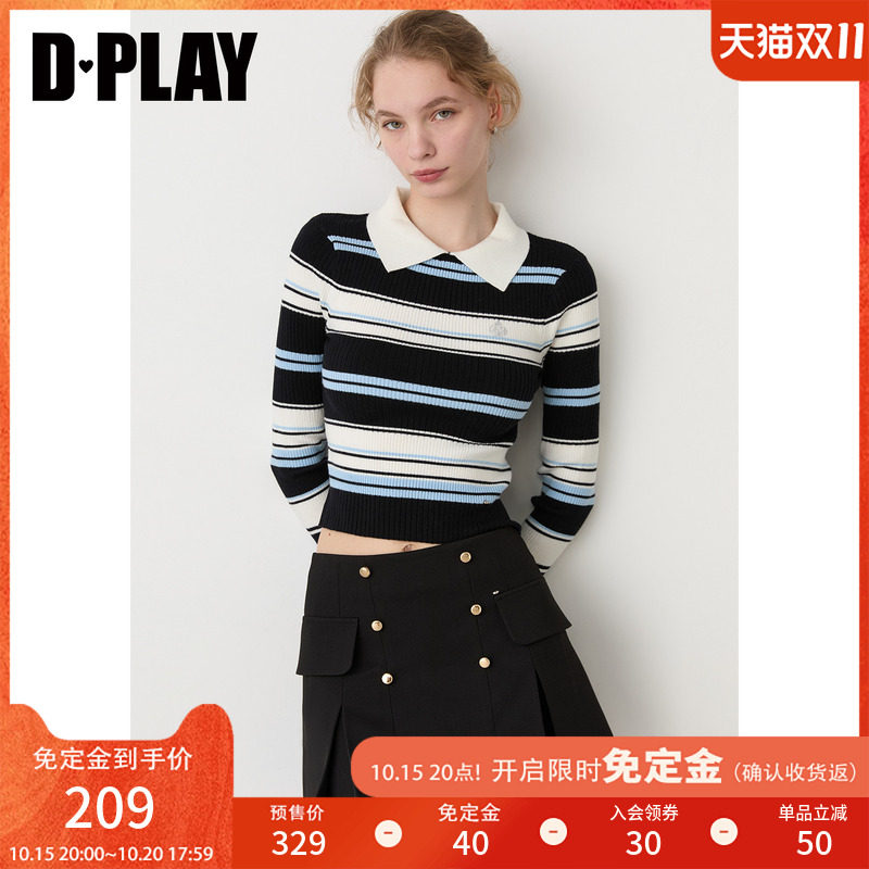 DPLAY撞色条纹针织衫女POLO领学院风长袖上衣2026年秋季新款