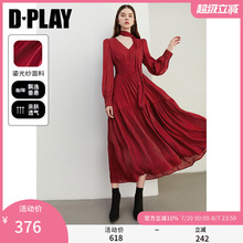 DPLAY2025年秋季新款气质法式红色连衣裙女飘带长袖度假沙滩裙