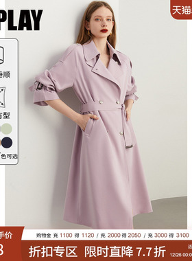 DPLAY2025年春季新通勤气质OL风紫色外套双排扣H版型长款风衣